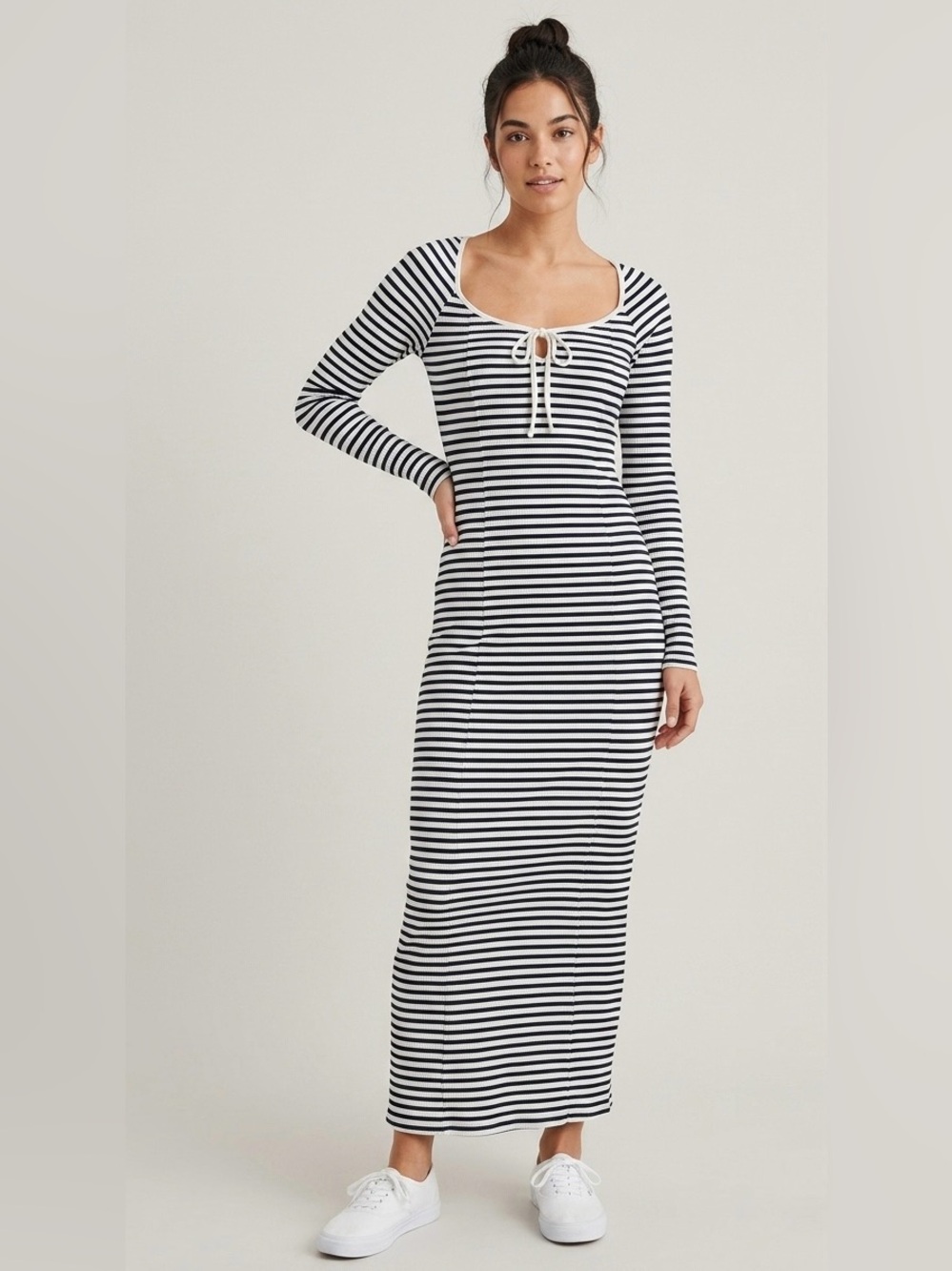 Aerie Striped Ribbed Long Sleeve Maxi Dress Scoop Neck Tie Front Medium